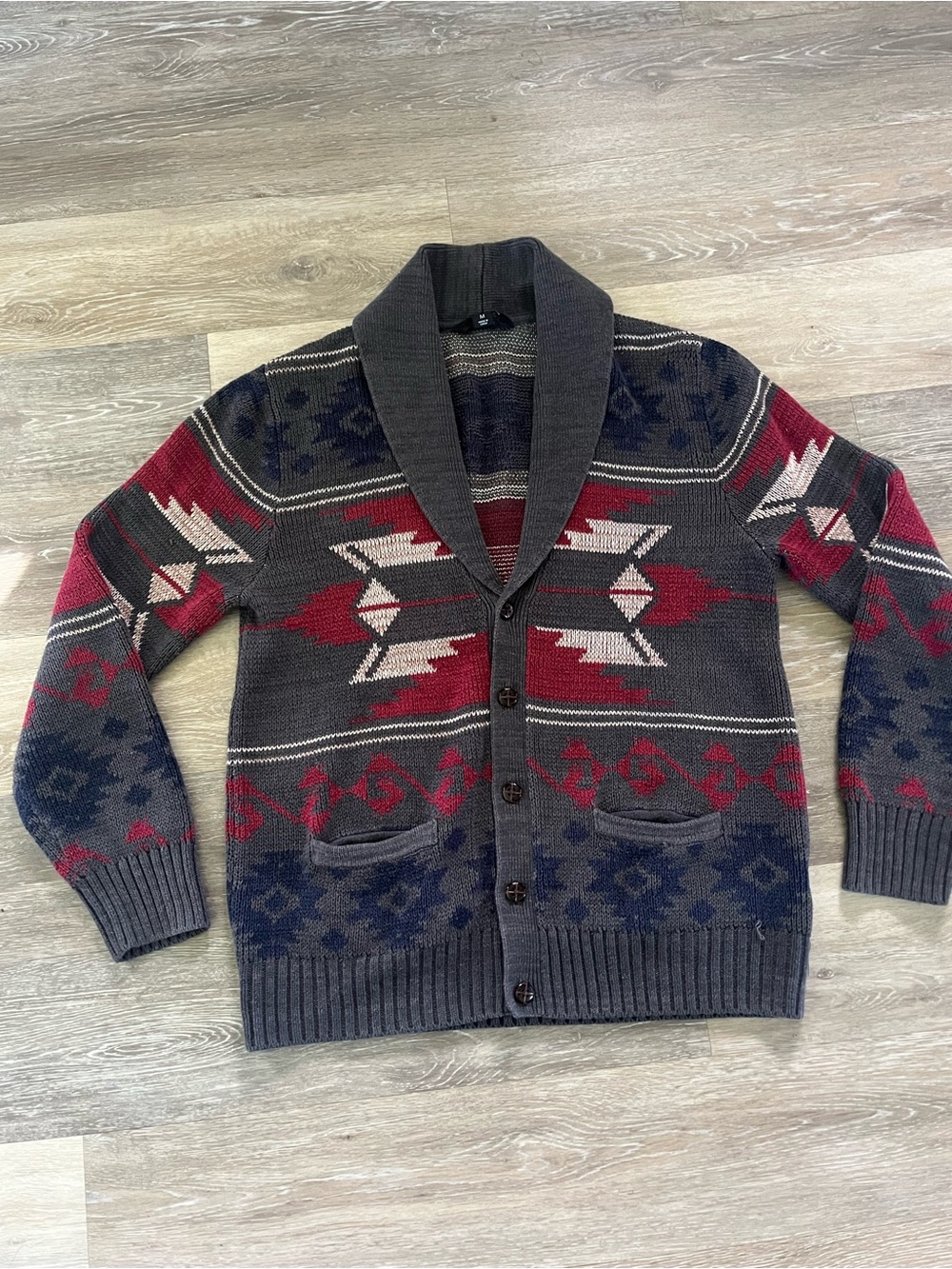 Adam Levine Collection Shawl Collar Aztec Cardigan - Charcoal, Red & Cream